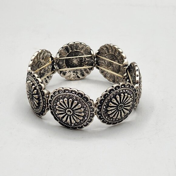 Western Conch Stretch Bracelet Silver Rhinestone Cuff Statement Sparkle - Picture 1 of 4
